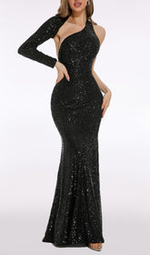 Ashkan Black Sequin One-Shoulder Long Sleeve Maxi Dress