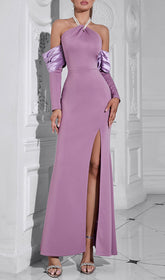 Elegant Lavender Orchid Halter Maxi Gown with Draped Off-Shoulder Sleeves & Pearl Embellishments