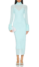 Fabunni Ethereal Aqua Blue Sheer Mesh Midi Dress