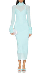 Fabunni Ethereal Aqua Blue Sheer Mesh Midi Dress