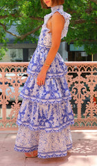 Earlene Blue & White Porcelain Print Tiered Maxi Dress