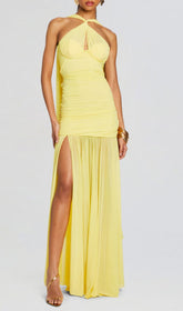 Radiant Bryony Yellow Halter Ruched Maxi Dress with High Slit