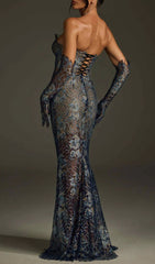Javion Enchanting Strapless Floral Lace Gown with Opera Gloves