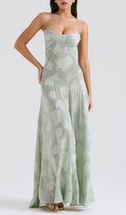 Billie Elegant Pistachio Floral Maxi Dress with Corset Lace-Up Back