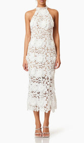 Etsu Elegant White Halter Midi Dress with 3D Floral Appliques
