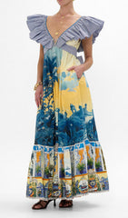 Deryn Tropical Oasis Ruffle V-Neck Maxi Dress