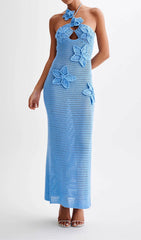 Azure Bloom Halter Crochet Maxi Dress with 3D Flowers