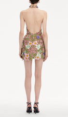 Stunning 3D Floral Embroidery Halter Mini Dress