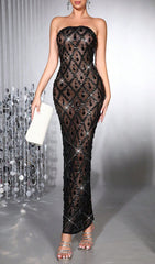 Halleli Dazzling Black Strapless Diamante Maxi Gown