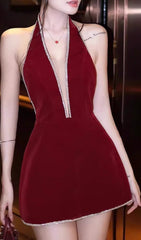 Elissa Glamorous Red Halter Mini Dress with Dazzling Diamond Trim & Open Back
