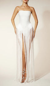 Rendor Showstopper White Strapless Fringe Bandage Maxi Dress