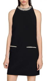 Zenith Dazzling Rhinestone Halter Neck Shift Dress