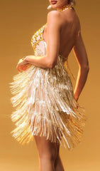 Caelumara Dazzling Gold Sequin & Fringe Halter Mini Dress
