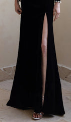 Breena Black Velvet Pearl Off-Shoulder Maxi Gown with High Slit