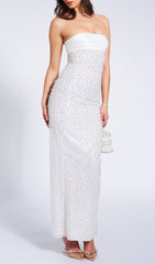Alazne Opulent White Sequin & Pearl Strapless Maxi Gown