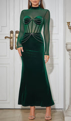 Exquisite Green Velvet Bustier Maxi Dress with Sparkling Chain Detail
