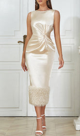 Accalia Luminous Apricot Satin Feather Trim Midi Dress