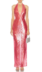 Brona Rose Red Sequin Halter Maxi Dress