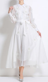 Holly White Floral Appliqu Midi Shirt Dress