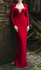 Elle Red Diamond Embellished Long Sleeve Bodycon Maxi Dress