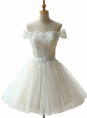 Cute White Short Tulle with Lace Applique Prom Dress