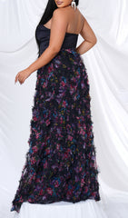 Belinay Black Strapless Plus Size Vibrant Floral Ruffle Maxi Dress