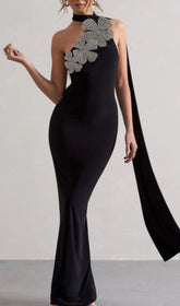 Emily Black Diamond Flower One-Shoulder Maxi Dress with Flowing Cape