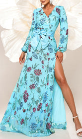 Shimmering Blue Sequin Floral Maxi Dress