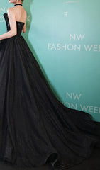 Chiyeko Black Strapless Sparkle Tulle Gown with Elegant 3D Rose Detail