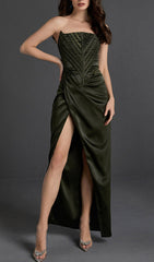 Chic Olive Green Strapless Satin Maxi Dress