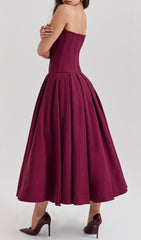 Devani Wine Strapless Corset Midi Dress