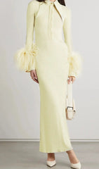 Chic Yellow Feather Cuff Maxi Dress