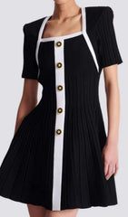 Gudrun Chic Black & White Square Neck Knit Mini Dress with Gold Button Accents