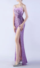 Chroma Purple Sequin Feather Maxi Gown