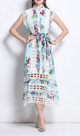 Errin Floral Eyelet Lace Mock Neck Midi Dress