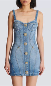 Figure-Flattering Gold-Tone Button Denim Mini Dress