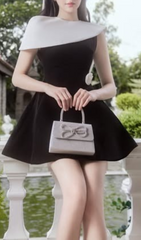 Gentry Chic Black & White Asymmetrical Mini Dress with Floral Accent