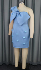 Baina Blue One Shoulder Bow Mini Dress