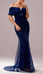 Dorit Navy Off-Shoulder Sequin Maxi Gown