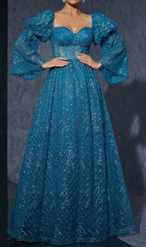 Dita Blue Corset Floral Embroidered Maxi Gown with Dramatic Puff Sleeves