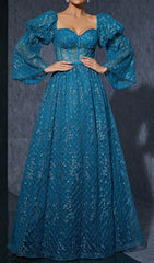 Dita Blue Corset Floral Embroidered Maxi Gown with Dramatic Puff Sleeves