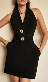 Gwydion Chic Black Halter Mini Dress with Gold Buttons