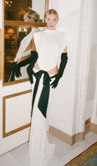 Elisae Showstopping White Bow Cutout Maxi Dress