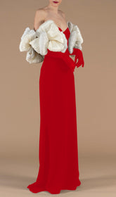 Cezary Red Sculptural Ruffle Off-Shoulder Maxi Gown