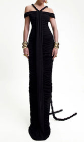 Elegant Black Bardot Ruched Maxi Dress with Braid Detail