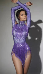 Dazzling Lakendra Long Sleeve Crystal Fringe Bodysuit