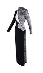 Faye Leopard & Black Asymmetrical Maxi Dress with 3D Rosettes