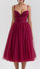 Diellza Wine Red Tulle Midi Dress