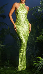 Lajita Dazzling Lime Green Sequin Halter Maxi Dress