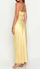 Devorit Yellow Strapless Ruched Mesh Cutout Maxi Dress